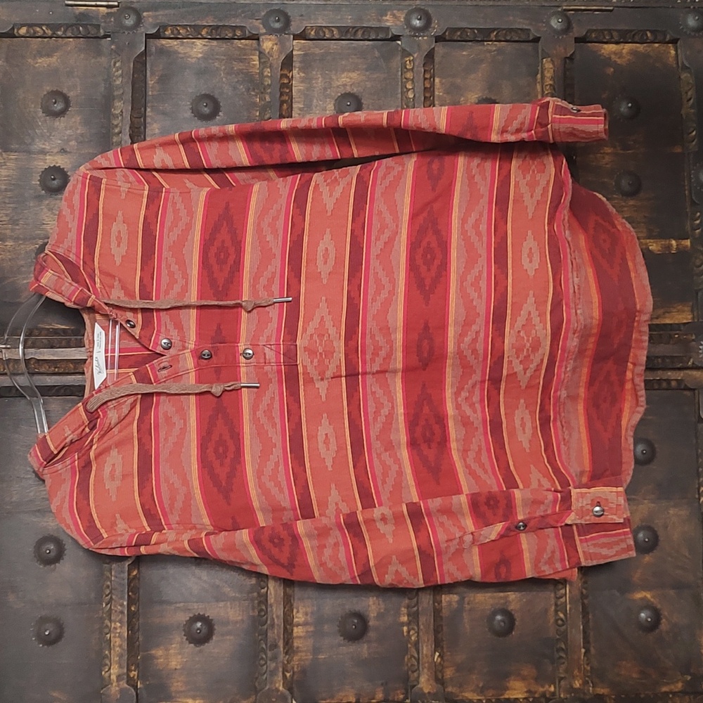 Woolrich Hoodie Southwest Aztec Button Up Henley Shirt Bohemian Red Striped